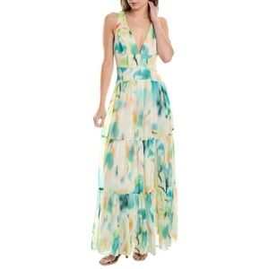 LIV foster Splash-Print V-Neck Tiered chiffon Maxi Dress green, yellow & Ivory 4